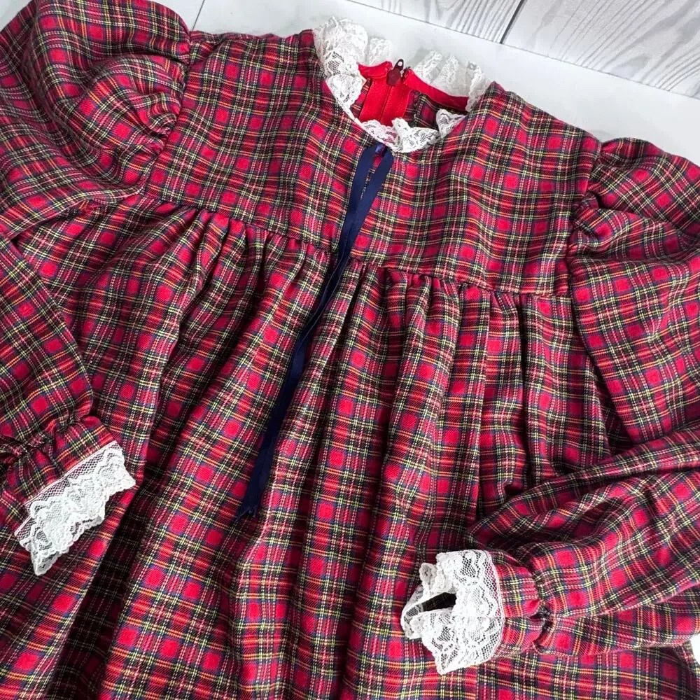 VTG Girls Prairie Dress Cottagecore Sz 5 Red Scottish Christmas Costume